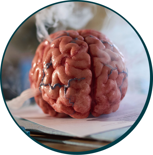 A model of a human brain on a desk beside a vape